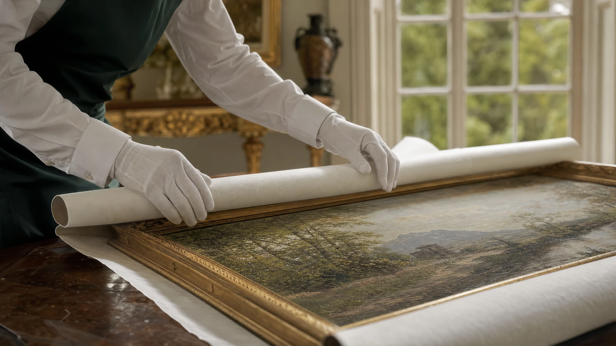 A specialist carefully wrapping a framed painting for transport