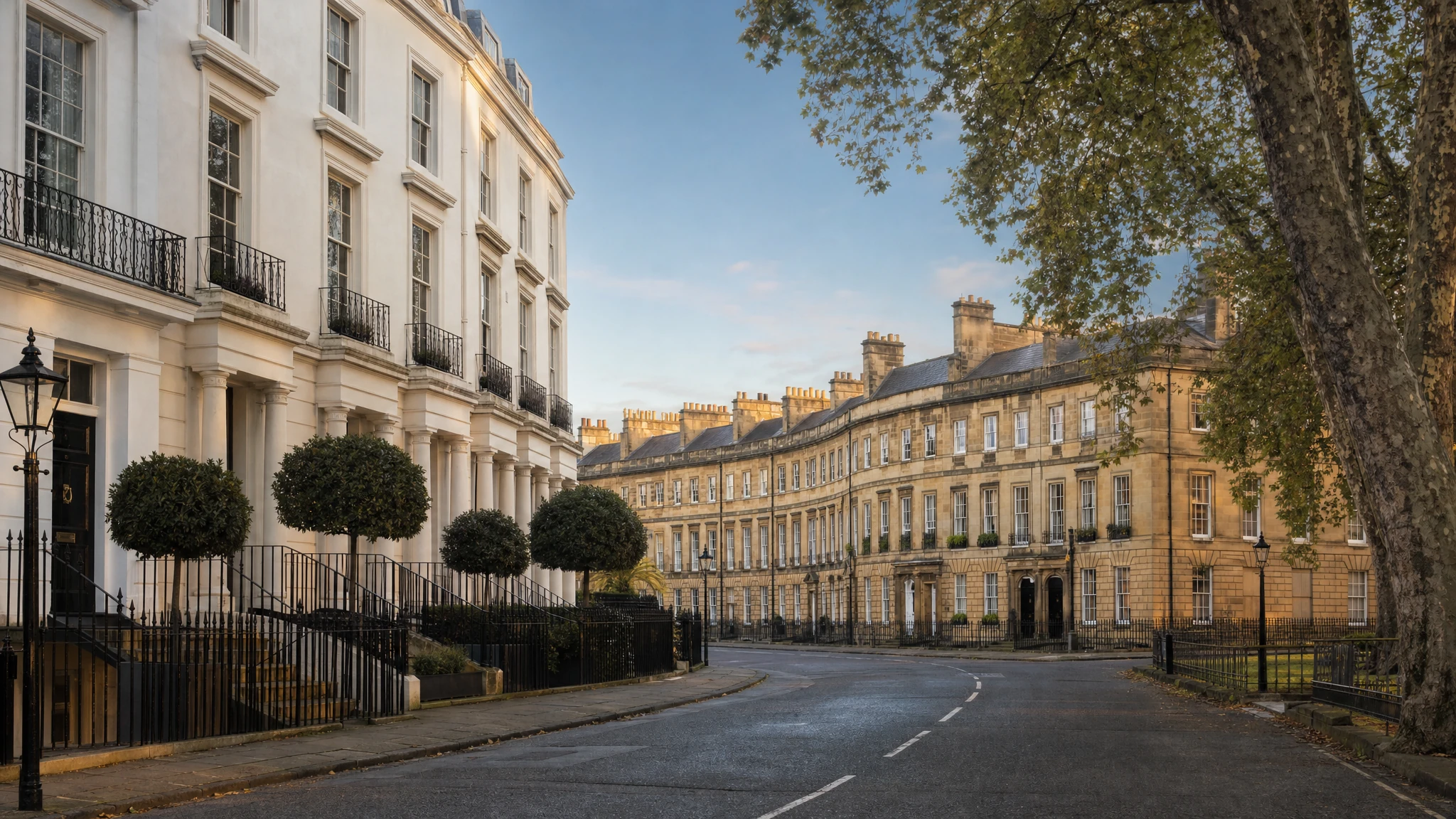 Elegant Georgian London terrace blending into Edinburgh New Town at golden hour