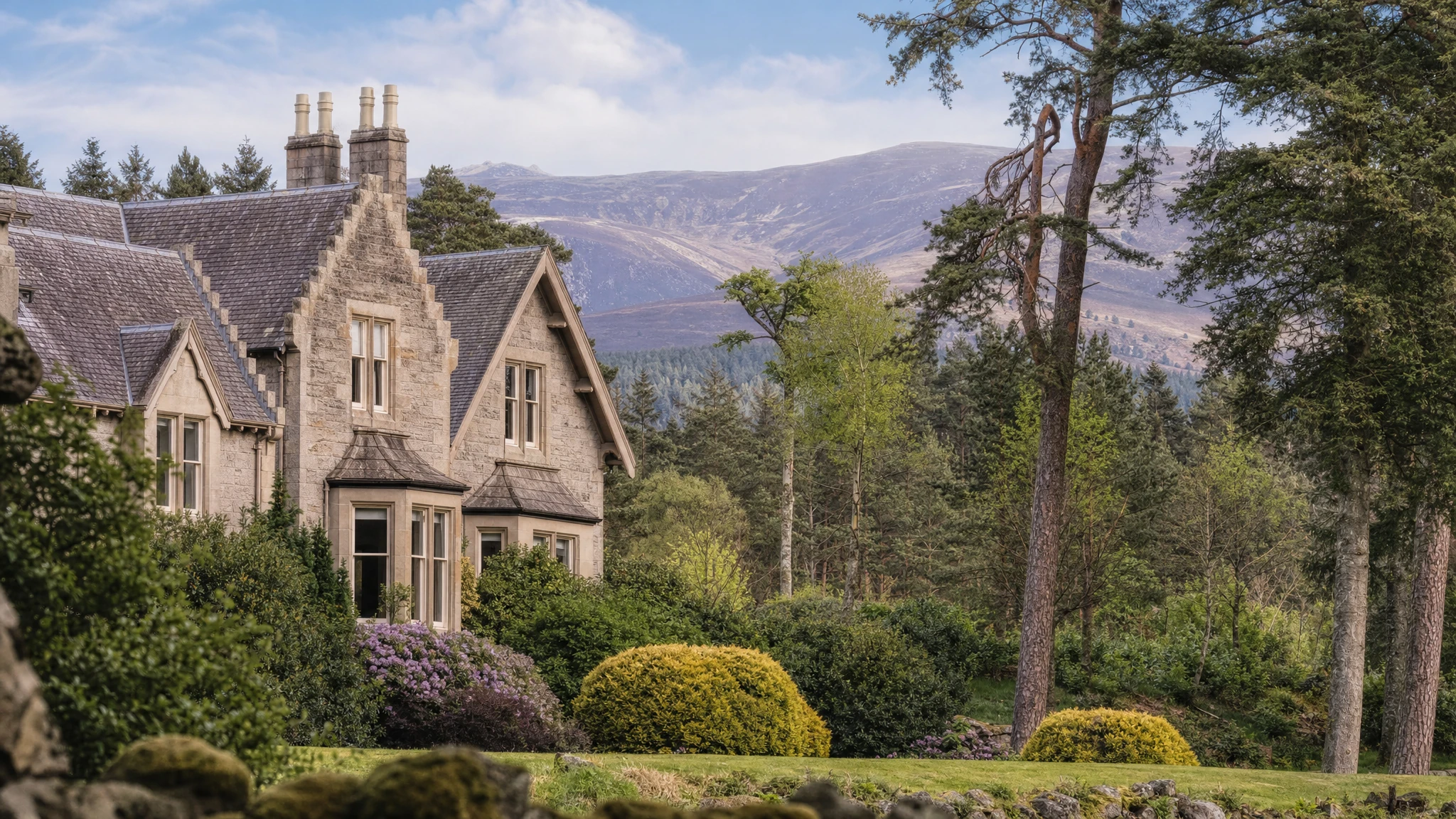 Removals from London to Ballater: A granite house near Ballater with Deeside pine and mountains