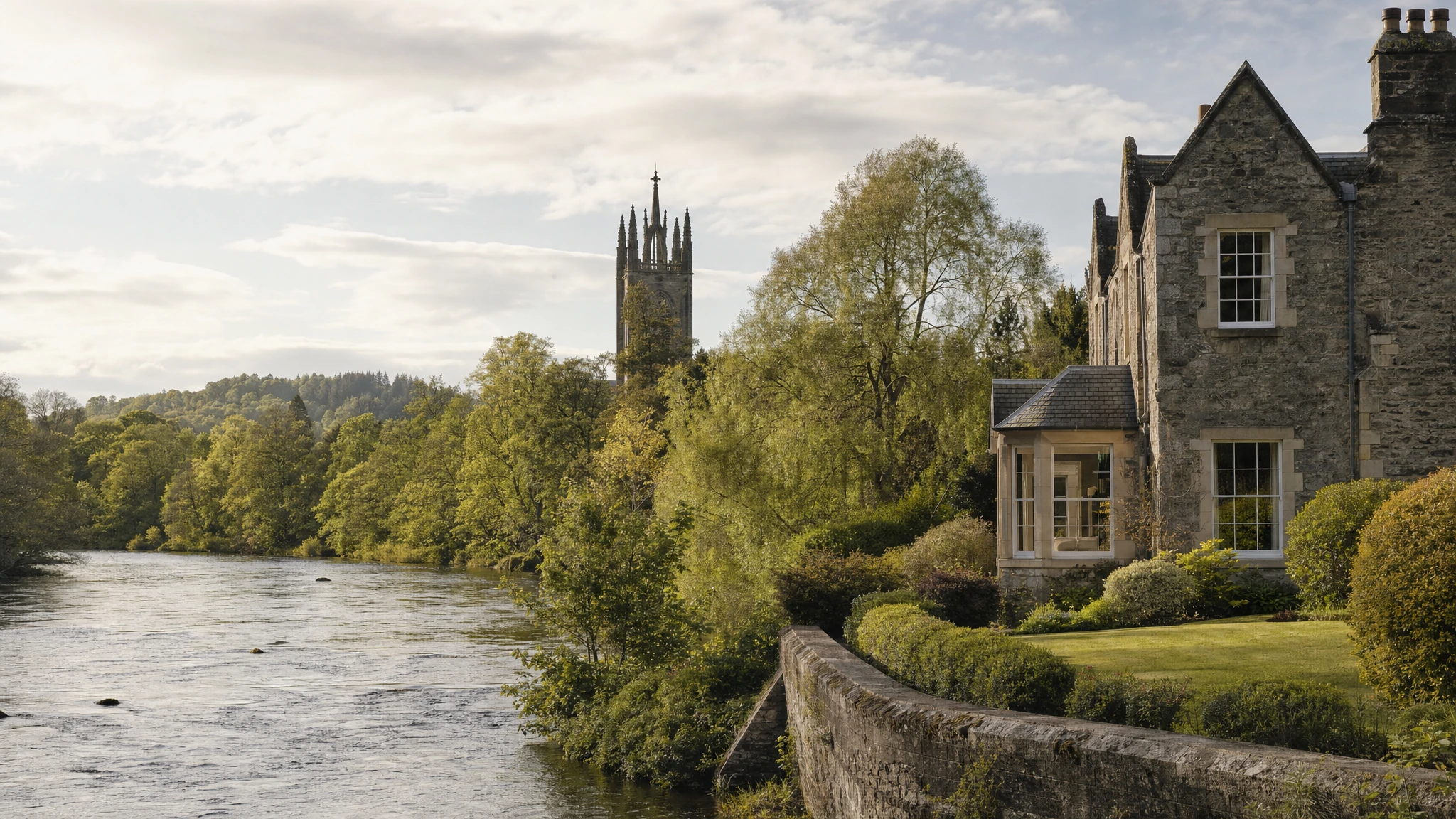 Removals from London to Dunkeld: A stone house by Dunkeld Cathedral and the River Tay, woodland