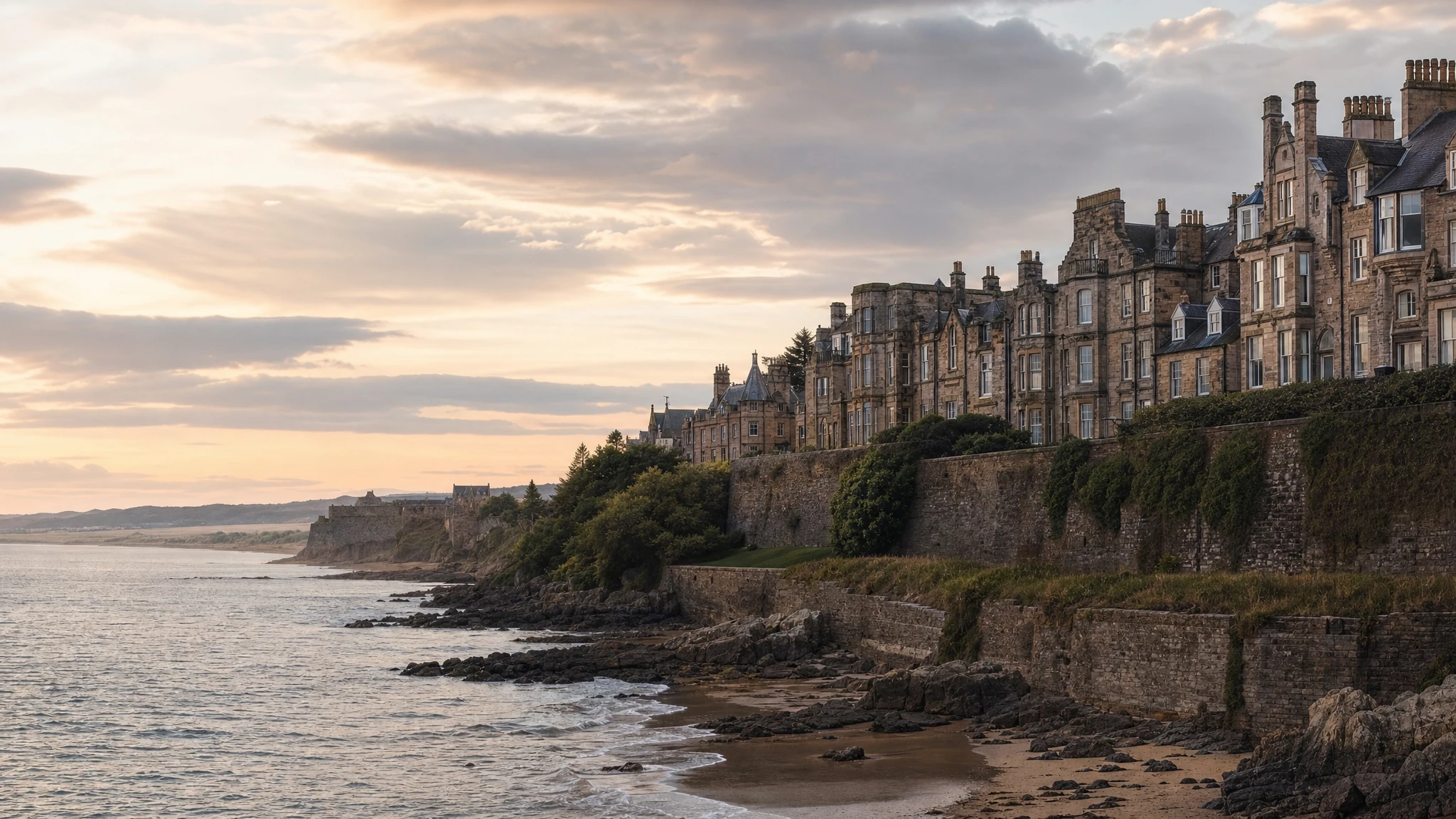 Removals from London to St Andrews: The St Andrews coastline and old stone townhouses above the sea, soft light
